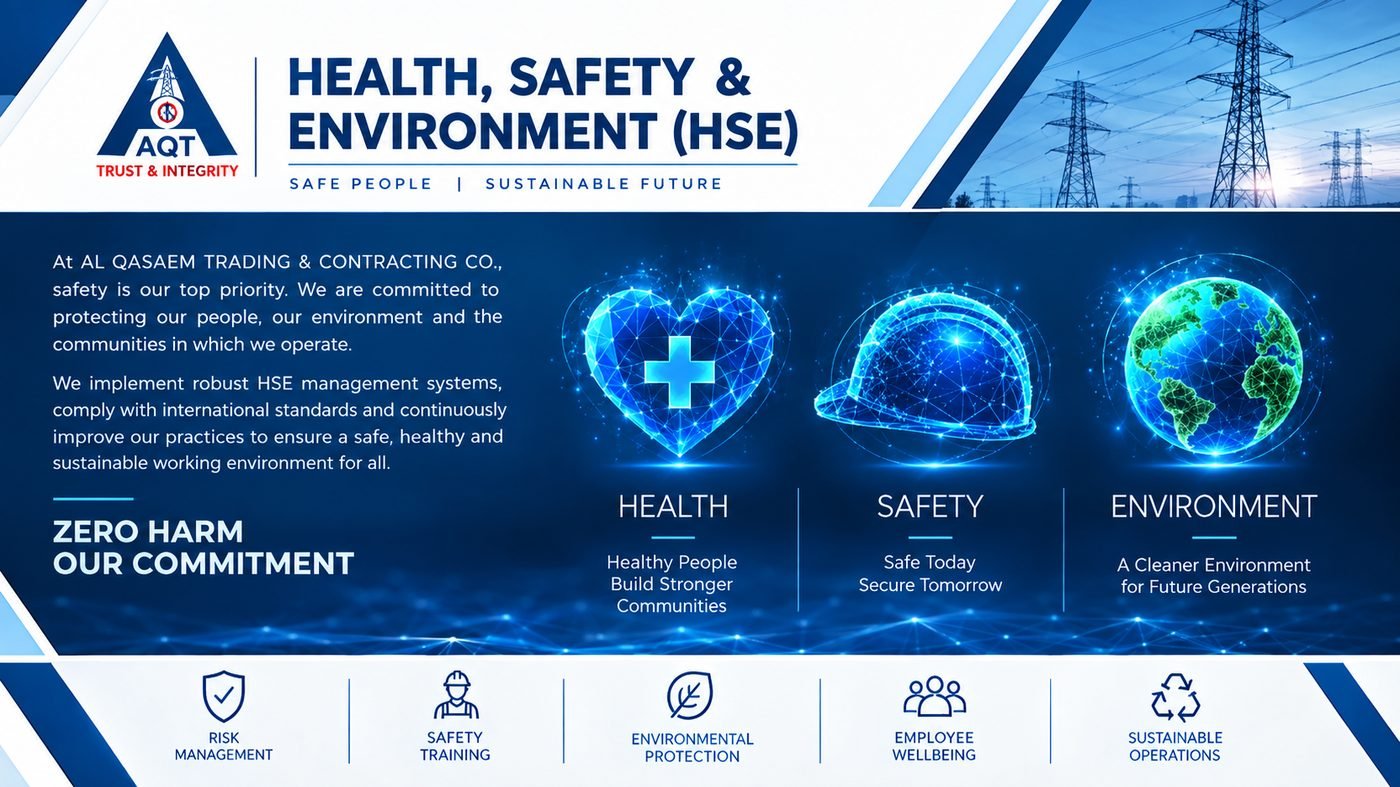 AL QASAEM health, safety and environment board: zero harm, risk management, safety training, environmental protection, employee wellbeing and sustainable operations