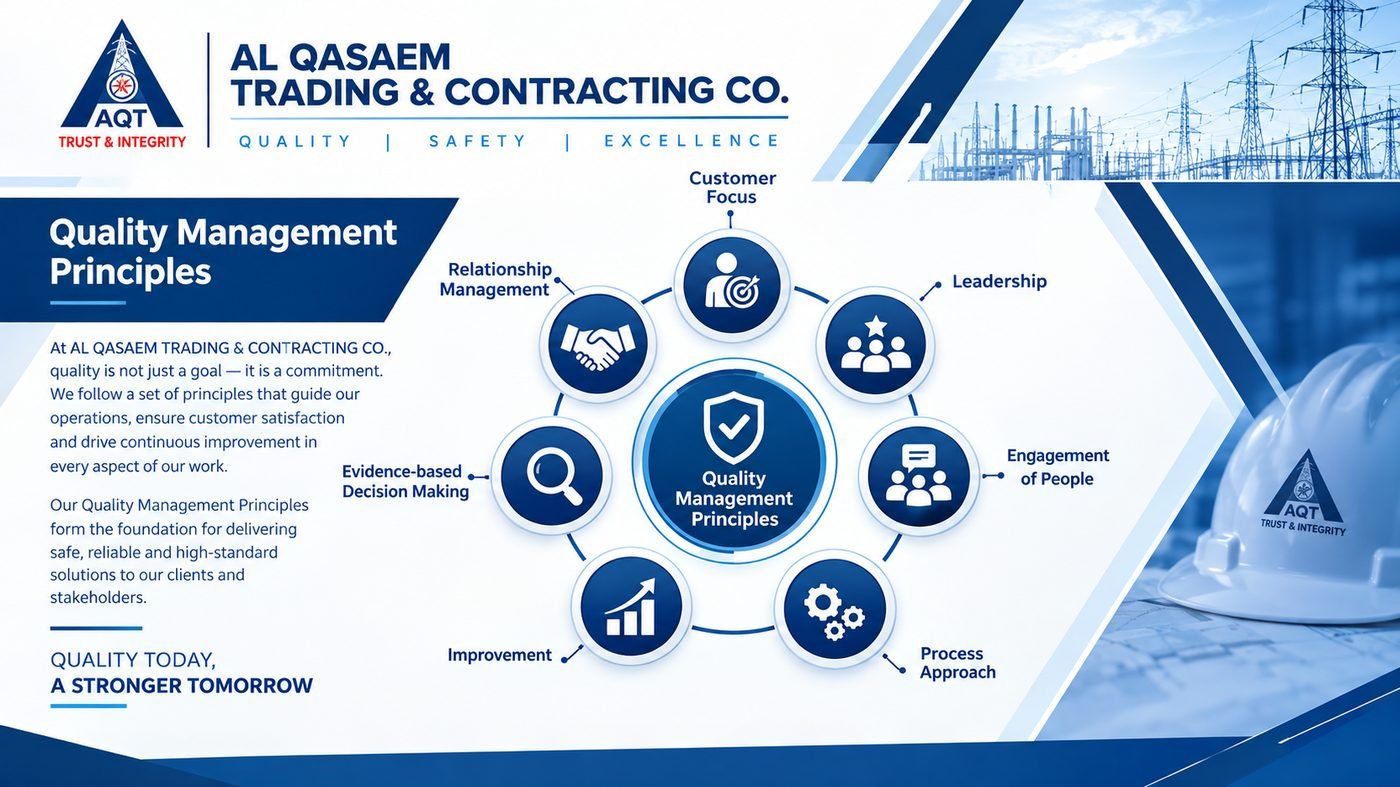AL QASAEM quality management principles board: customer focus, leadership, engagement of people, process approach, improvement, evidence-based decision making and relationship management