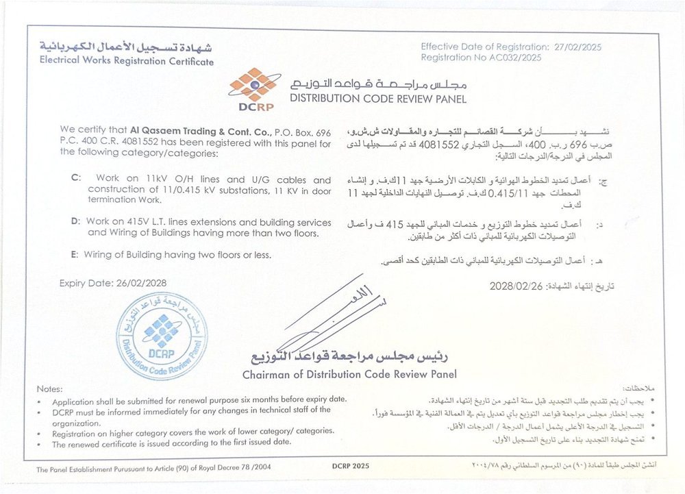 DCRP electrical works registration certificate AC032/2025, categories C, D and E