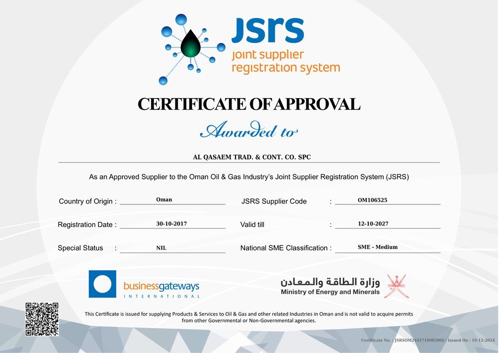 JSRS supplier registration certificate, supplier code OM106525, valid until 12 October 2027