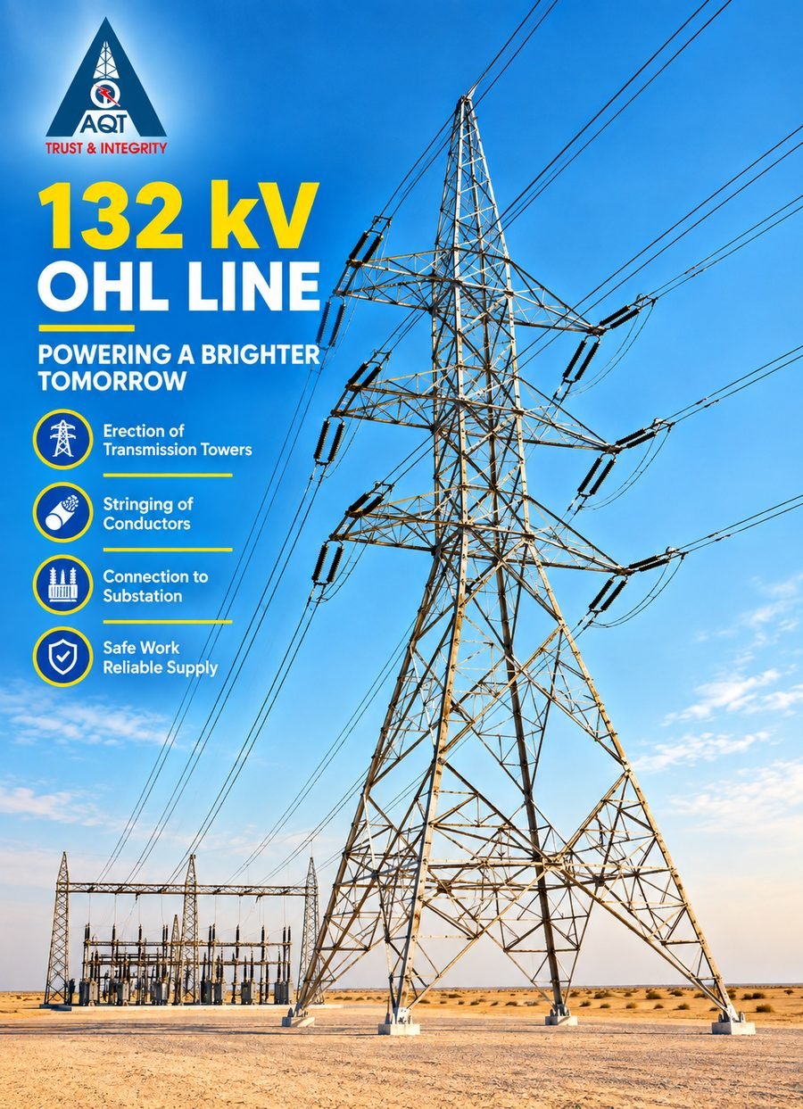 132 kV OHL line — tower erection, stringing and substation connection