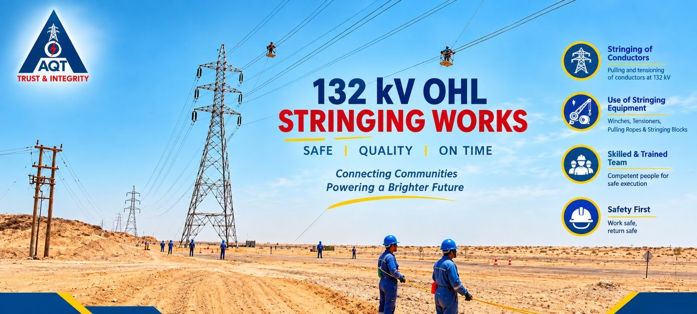 132 kV OHL stringing works — pulling and tensioning conductors