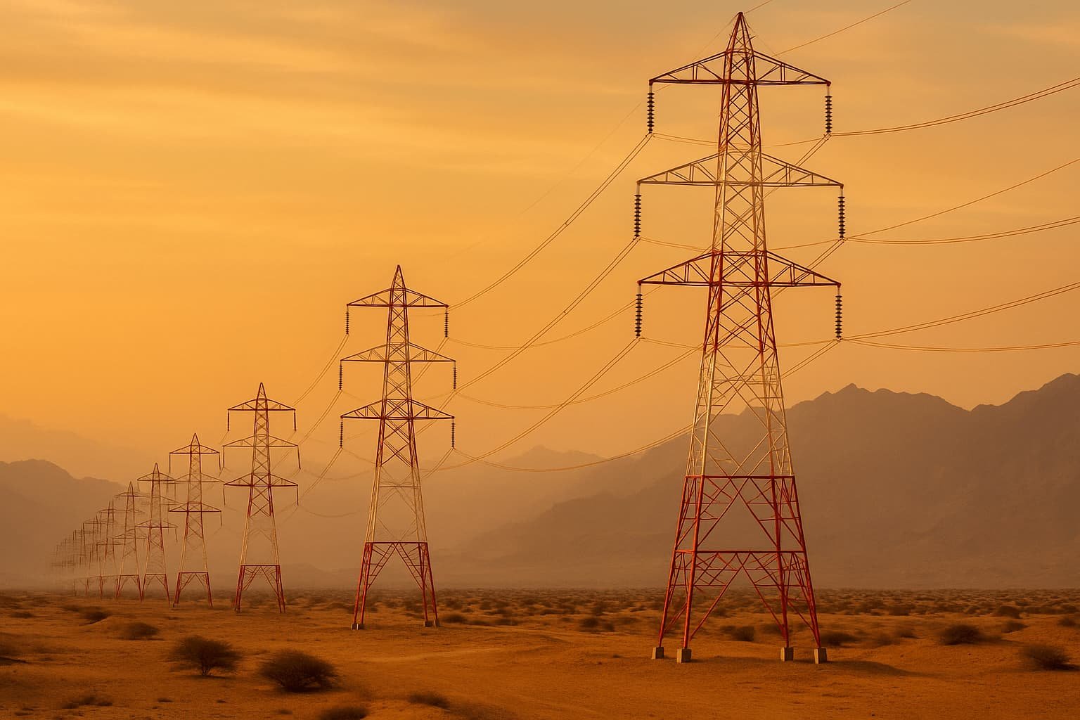 Line of 400 kV transmission towers across the Omani desert